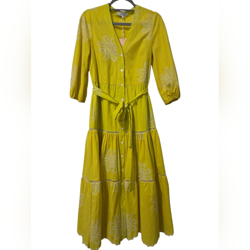 Pearl By Lela Rose NWT Canary Floral Eyelet Belted Tiered Dress Cottagecore